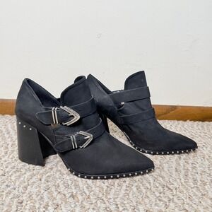 Gianni Bini Black Leather Studded Western Ankle Boots Block Heel Pointed Toe 9M